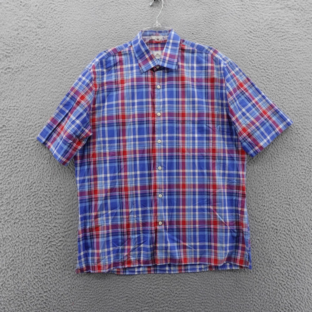 Peter Millar Short Sleeve‎ Button Down Shirt XL Blue Red Plaid Mens All Cotton